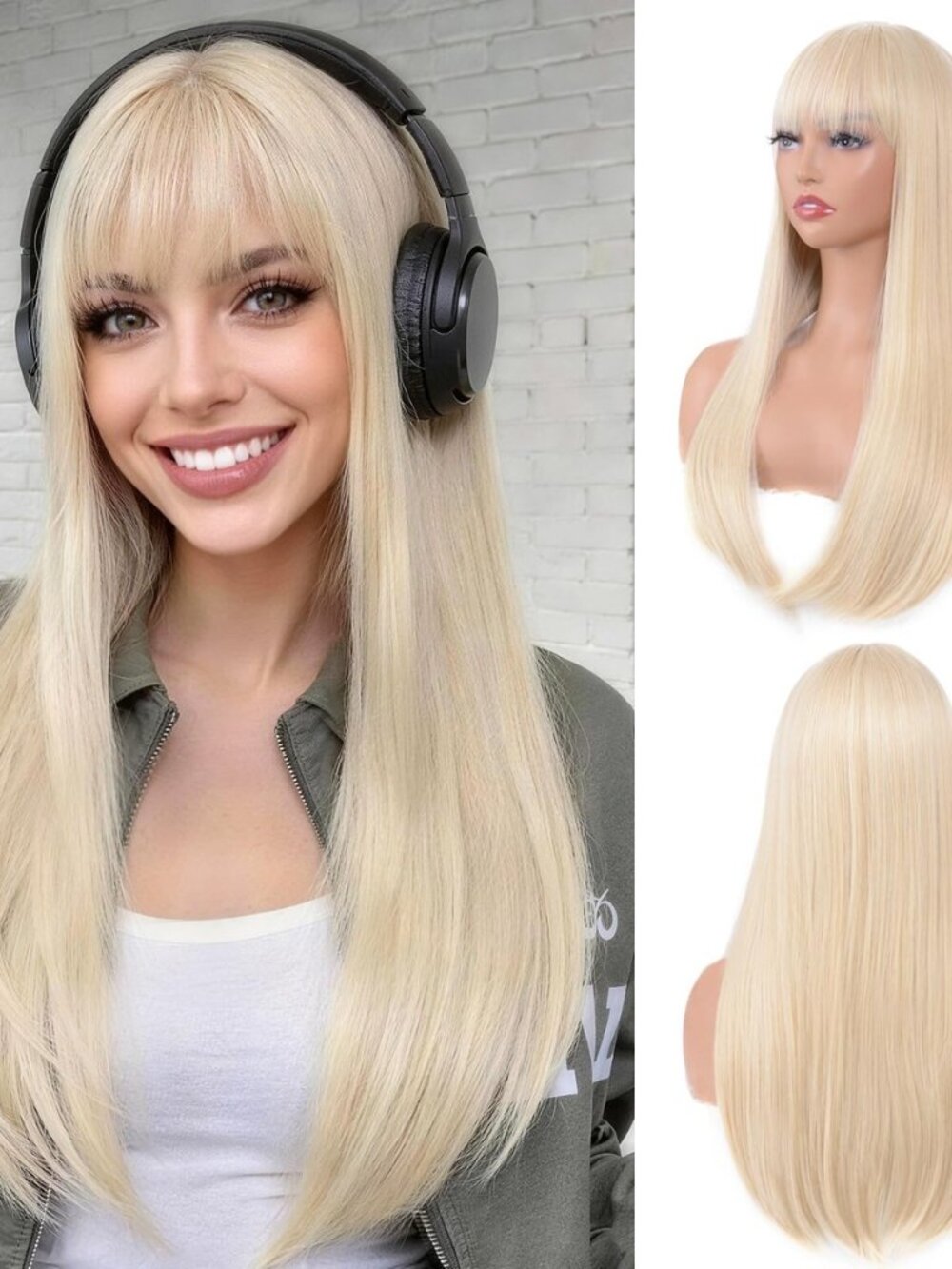 Long Straight Blonde Wig with Bangs 24in Synthetic Wigs for Women